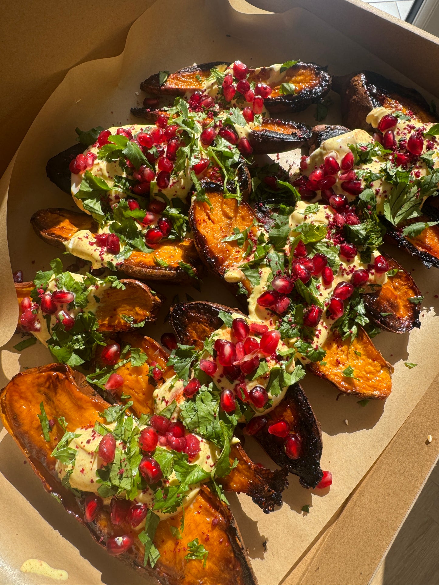 Caramelised Sweet Potato, Spiced Yogurt, Pomegranate & Coriander