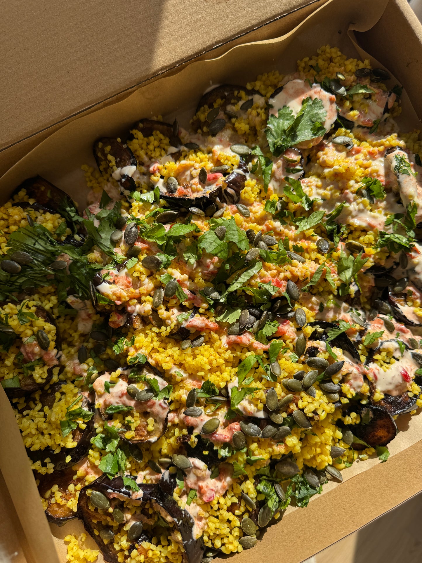 Grilled Aubergine, Harissa Tahini, Bulgar & Parsley