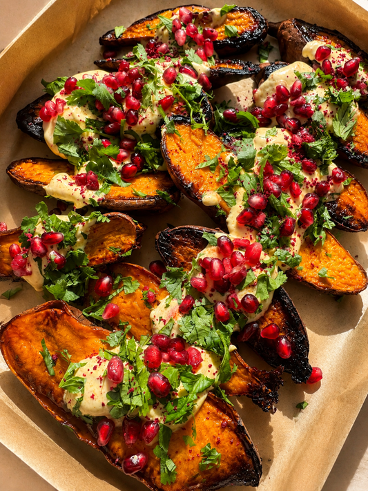 Caramelised Sweet Potato, Spiced Yogurt, Pomegranate & Coriander