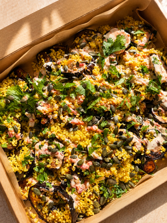 Grilled Aubergine, Harissa Tahini, Bulgar & Parsley